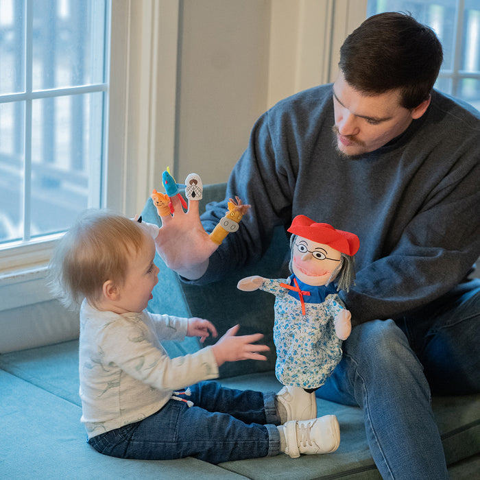 Adult & Baby Interacting with "Old Lady Who Swallowed a Fly" Storytelling Doll & Animal Finger Puppet Set