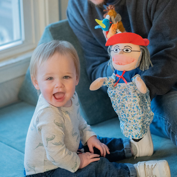 Adult & Baby Interacting with "Old Lady Who Swallowed a Fly" Storytelling Doll & Animal Finger Puppet Set