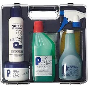 P21S Deluxe Auto Care Set 11000C in clear acrylic suitcase with wheel cleaner, shampoo, cleanser, and wax