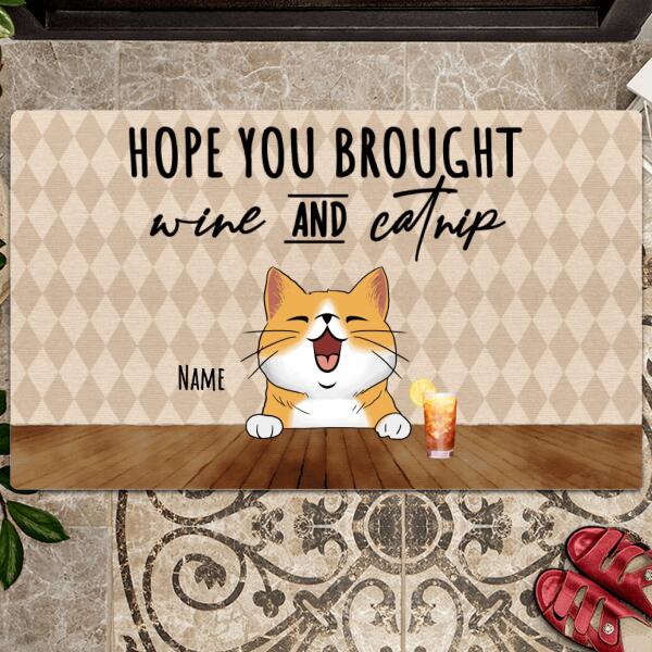 Pawzity Custom Doormat, Gifts For Cat Lovers, Hope You Brought Wine & Catnip Diamond Pattern Outdoor Door Mat