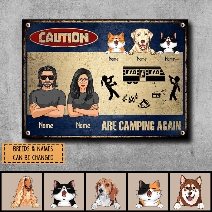 Pawzity Warning Metal Camping Signs, Gifts For Cat Lovers, Caution Are Camping Again Personalized Camping Signs