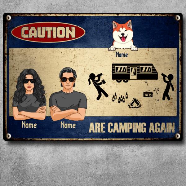 Pawzity Warning Metal Camping Signs, Gifts For Cat Lovers, Caution Are Camping Again Personalized Camping Signs