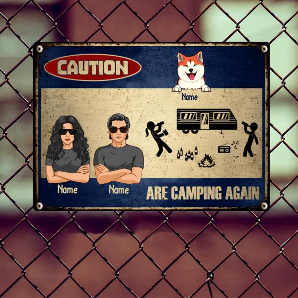 Pawzity Warning Metal Camping Signs, Gifts For Cat Lovers, Caution Are Camping Again Personalized Camping Signs
