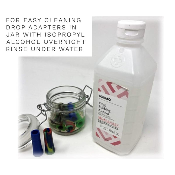 Bottle of Solimo ethyl rubbing alcohol with filter adapter for weed pipes in glass jar
