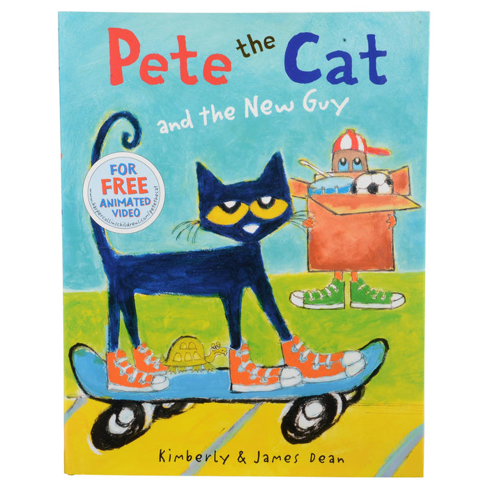 Book cover of 'Pete the Cat and the New Guy' with a blue cat on a skateboard and a cardboard box character.