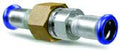 Pneumatic fitting with brass and blue components on a white background