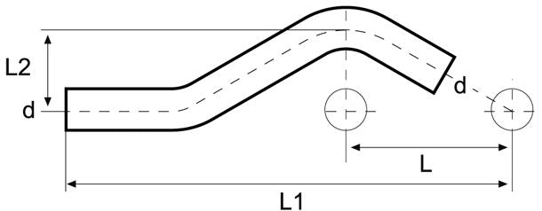 Technical drawing of a pipe bend with dimensions labeled