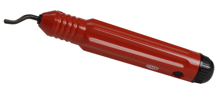 Red tool with a curved black handle on a white background