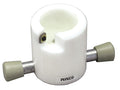 White plastic component with metal and rubber parts on a white background