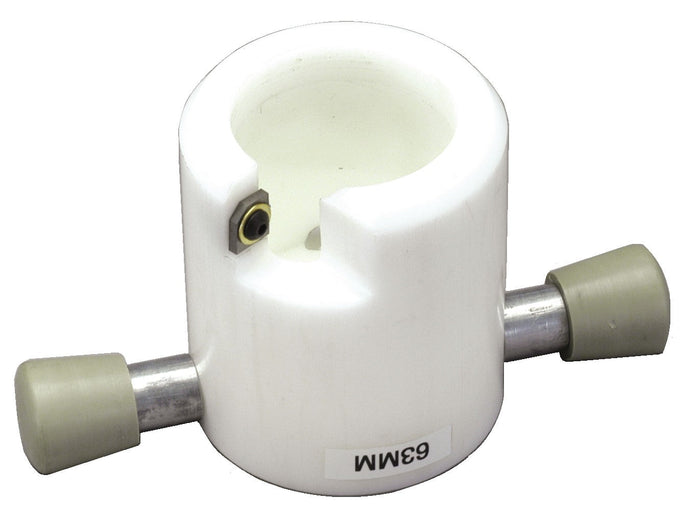 White plastic component with metal and rubber parts on a white background