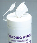 Container of welding wipes with a white lid on a gray background