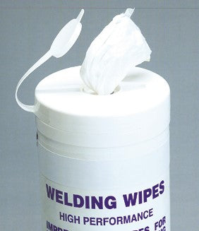 Container of welding wipes with a white lid on a gray background