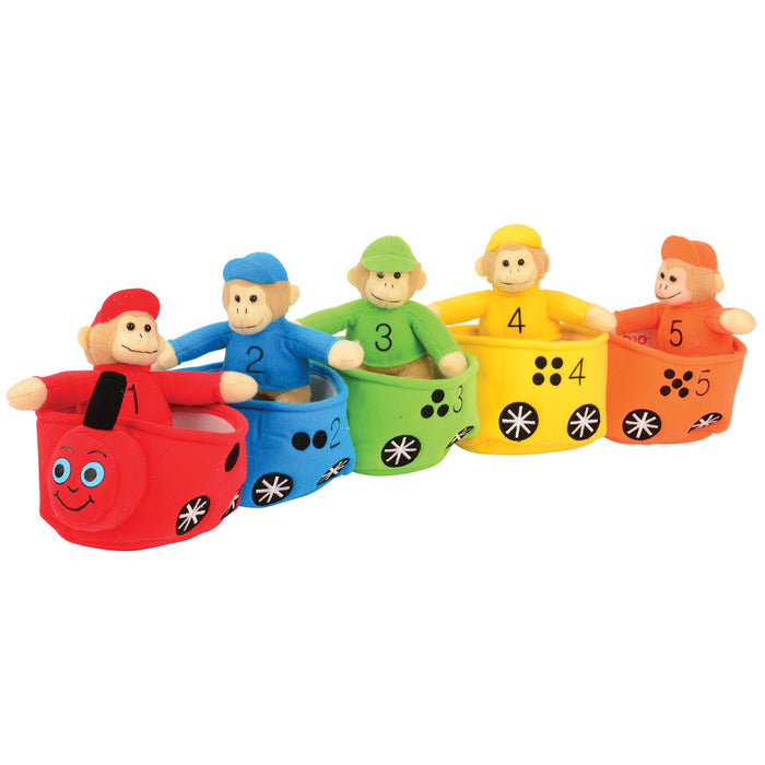 Five colorful monkey toys in baskets with numbers on a white background