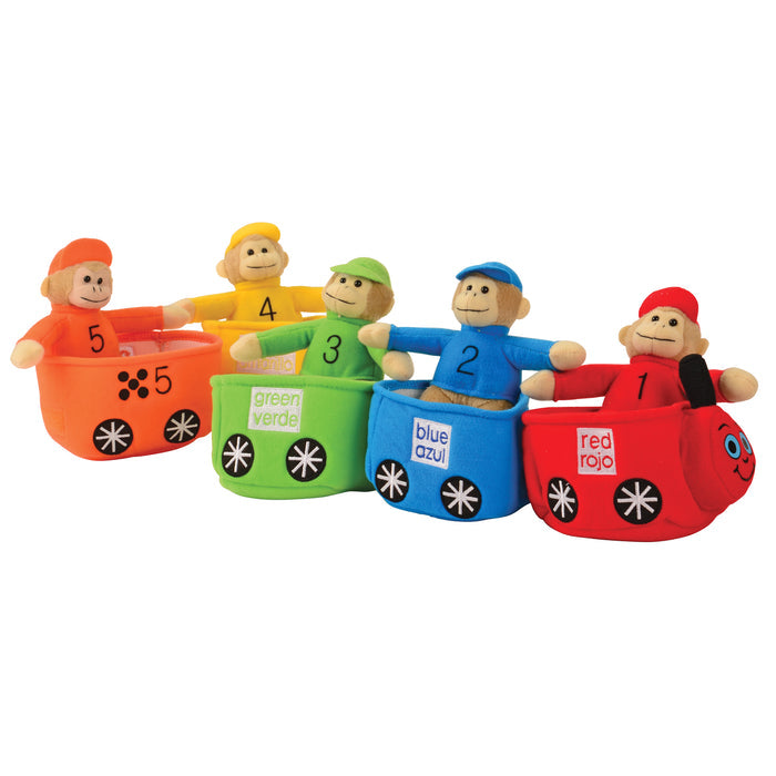 Set of colorful toy figures in car-shaped containers on a white background