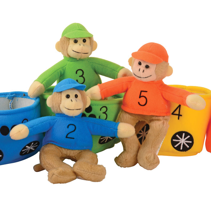 Three monkey toys with colorful clothing and numbers on a white background