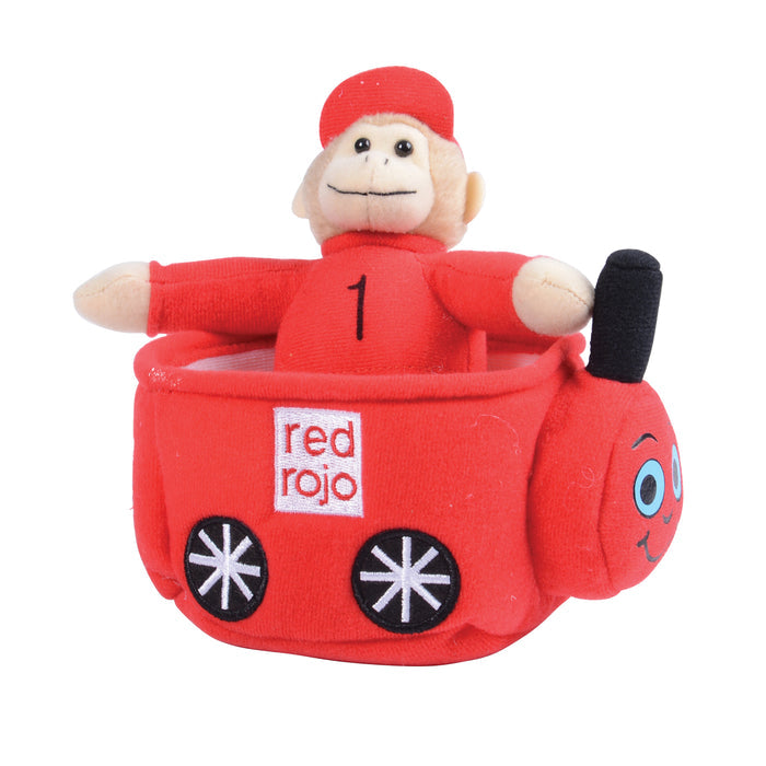 Red plush toy with a monkey driver and car, featuring 'red rojo' branding.