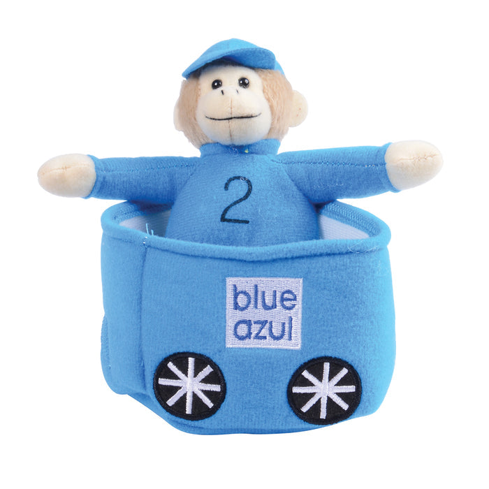 Blue plush toy with a number 2 and 'blue azul' branding on a white background