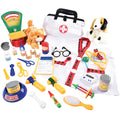 A collection of toy vet equipment and accessories laid out on a white background, including a stethoscope, syringe, bandages, a pet scale, and plush toy animals.