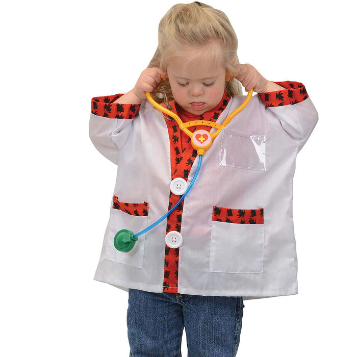 Child wearing vet coat and play stethoscope