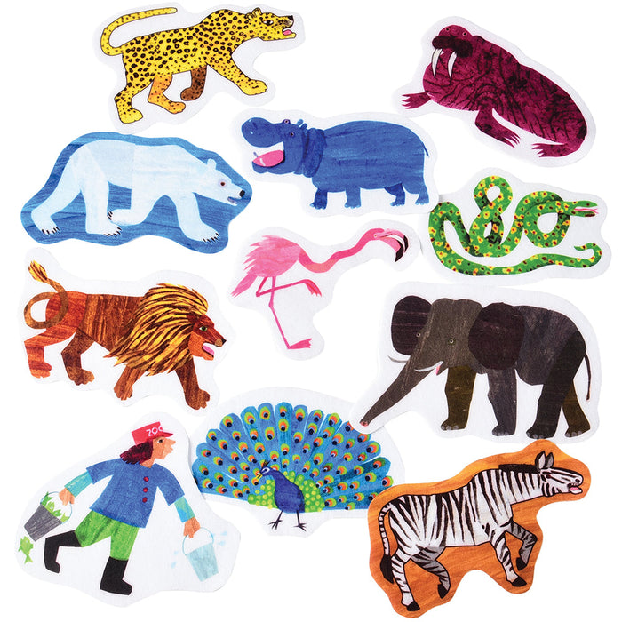A set of colorful pre-cut felt pieces including various animals and a character in a blue snow suit, likely intended for educational use.