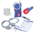 Kids police dress-up accessory set with walkie-talkie, badge, handcuffs, flashlight, keys, whistle, and citation pad