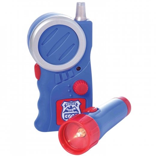 Blue toy police walkie-talkie and flashlight from kids dress-up set