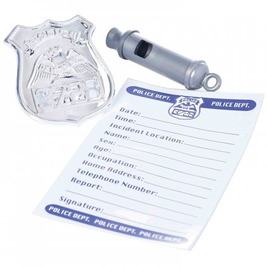 Toy police badge, whistle, and citation notepad from kids dress-up accessory set