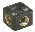 Black metal fitting with brass threaded ports on a white background