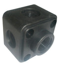 Black metal block with threaded holes on a white background