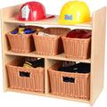 Wooden shelf with wicker baskets and safety helmets on a white background