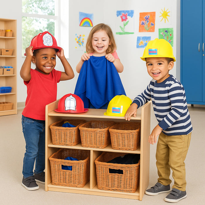 Children playing with costumes and hats in a classroom setting