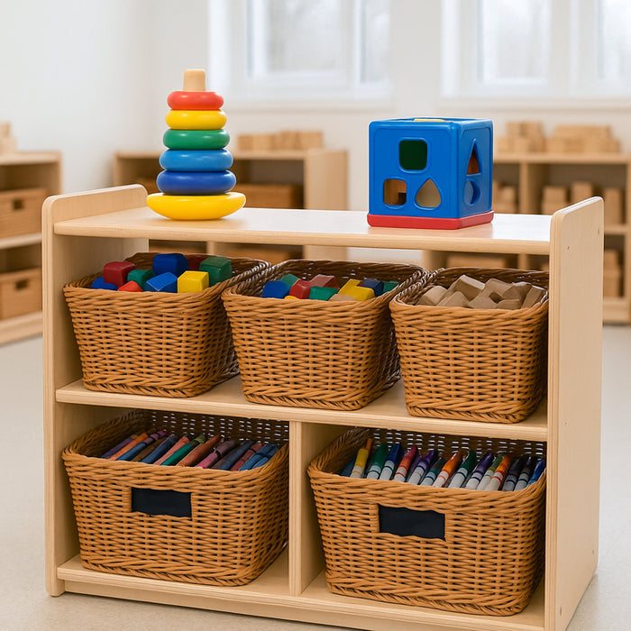 Children's educational toys on a wooden shelf with wicker baskets in a classroom setting.