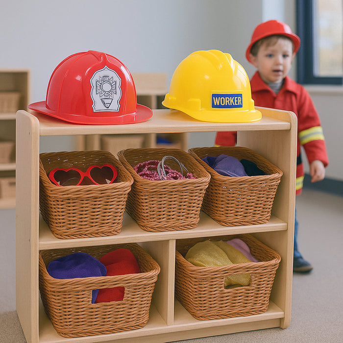 Children's playroom with a shelf displaying colorful hats and a child wearing a red helmet.