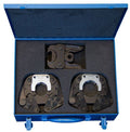 Set of metal clamps in a blue case on a white background