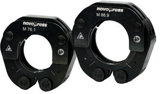 Two black metal collars with 'novopress' branding on a white background