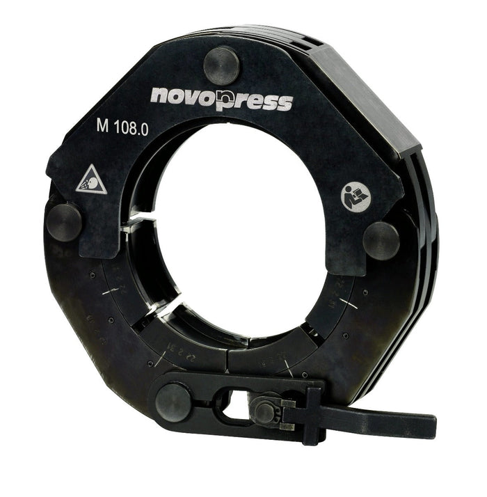 Black metal clamp with 'novopress' branding on a white background