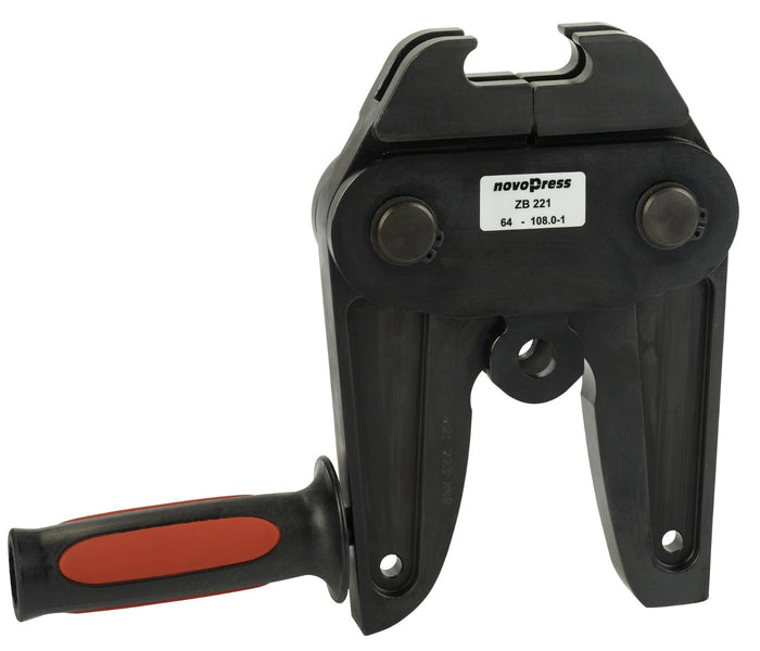 Black ratcheting tool with red handle on a white background