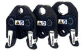 Three black carabiners with labels and measurements on a white background