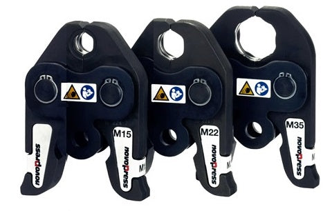 Three black carabiners with labels and measurements on a white background
