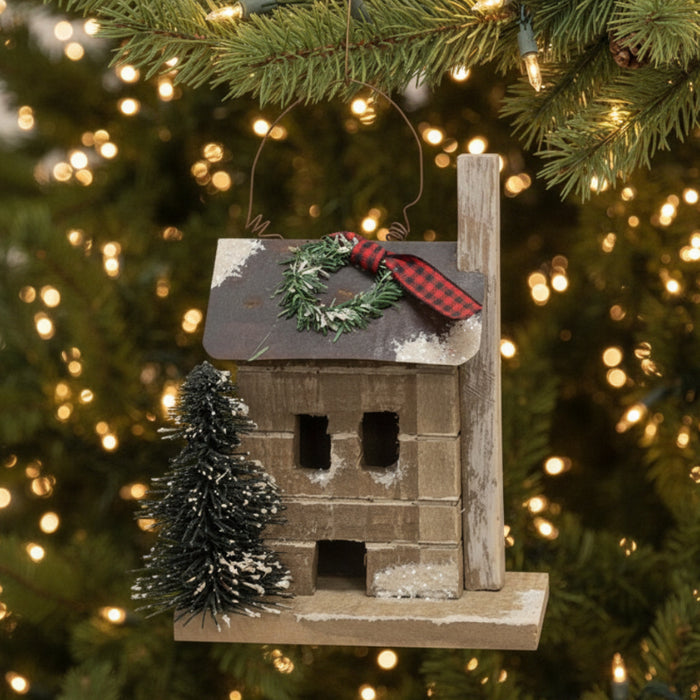 primitive town snowy cabin ornament