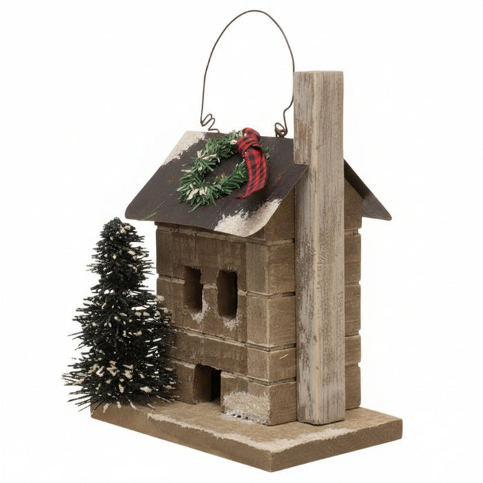 primitive town snowy cabin ornament