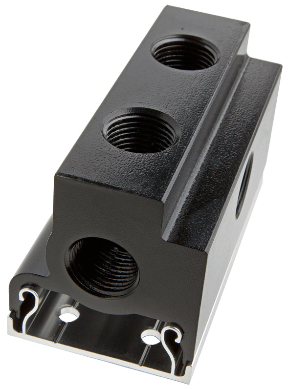 Black metal component with multiple threaded holes on a white background