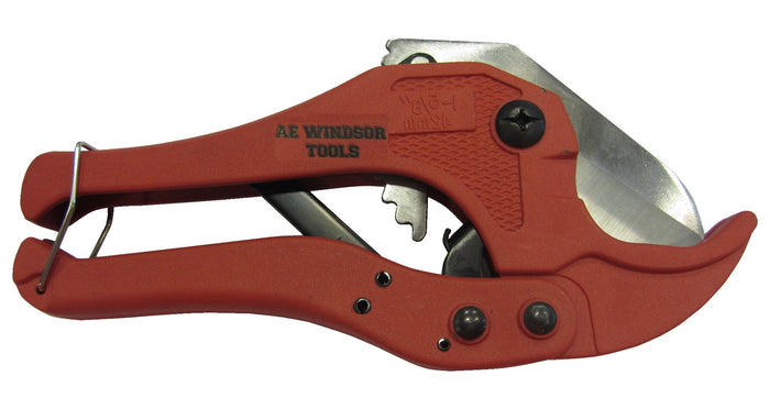 Red pipe cutter with silver blade on a white background