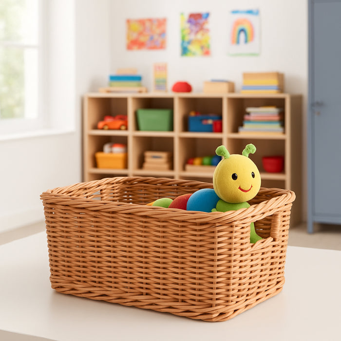 Rectangle Plastic Woven Basket/w Handles - Washable Wicker