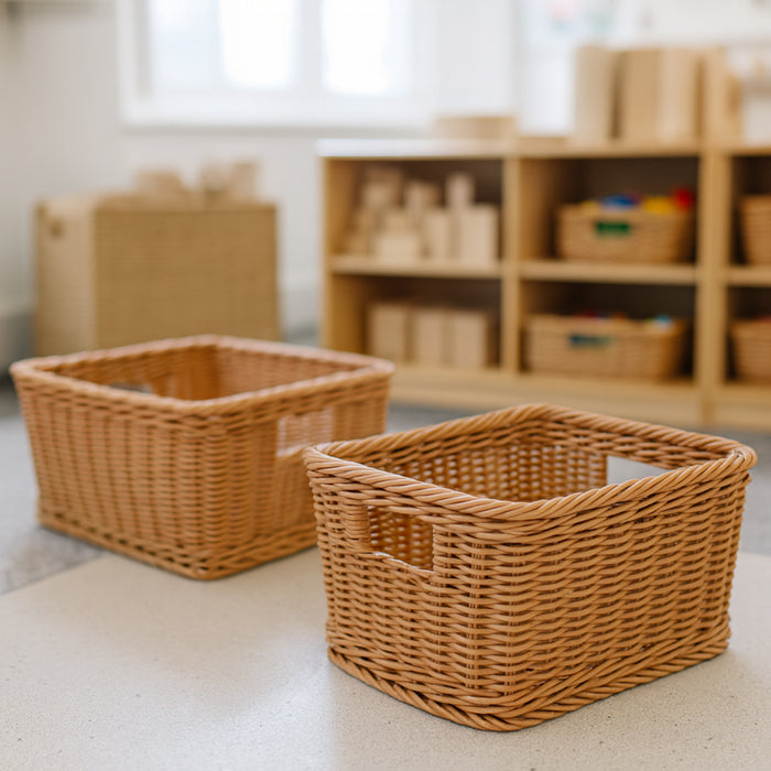 Two woven baskets on a light-colored floor with a blurred background of shelves and boxes.