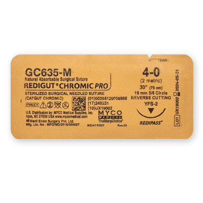 REDIGUT® CHROMIC PRO STERILIZED SURGICAL NEEDLED SUTURE (CATGUT CHROMIC) 4-0 (2 metric) 30" (75 cm) 19 mm 3/8 Circle REVERSE CUTTING YFS-2