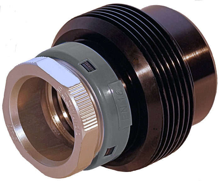 Metallic mechanical component with threading on a white background