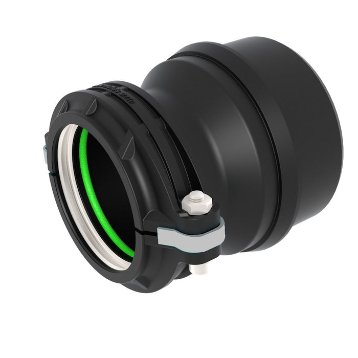 Black plastic fitting with green interior on a white background