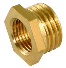 Airenergy Dev brass reducing hex bush, a compact metal fitting with threaded ends for plumbing or hydraulic connections.