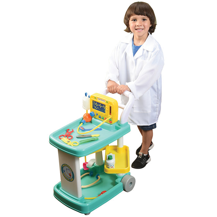 Kid in Lab Coat Pushing Pretend Medical Cart